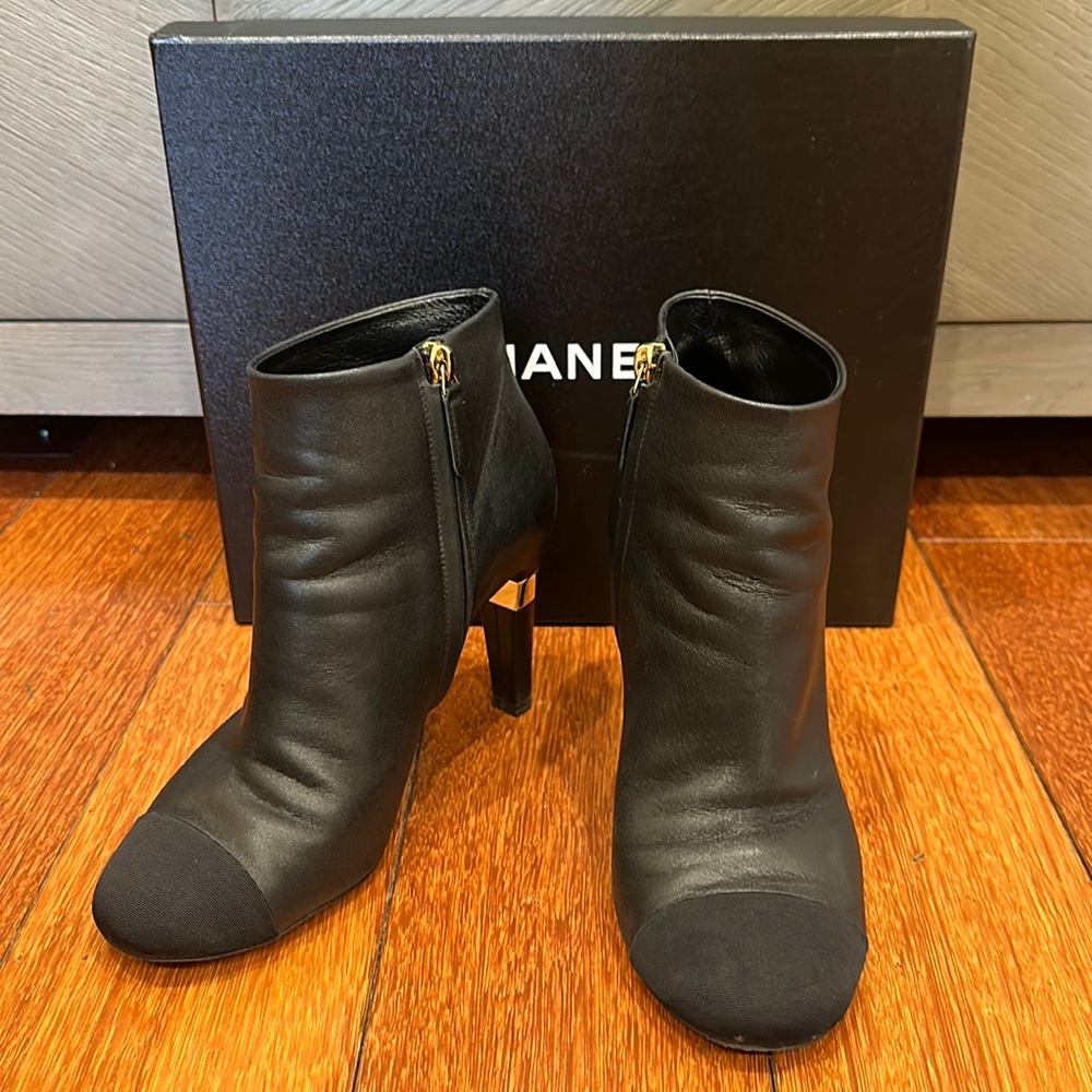 Chanel black cap toe booties 37.5